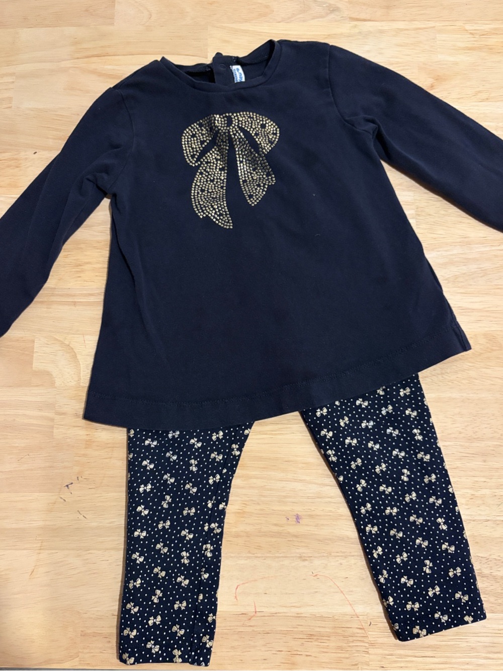 Mayoral Toddler Girls Navy Long-Sleeve Set with Gold Bows 18 Months